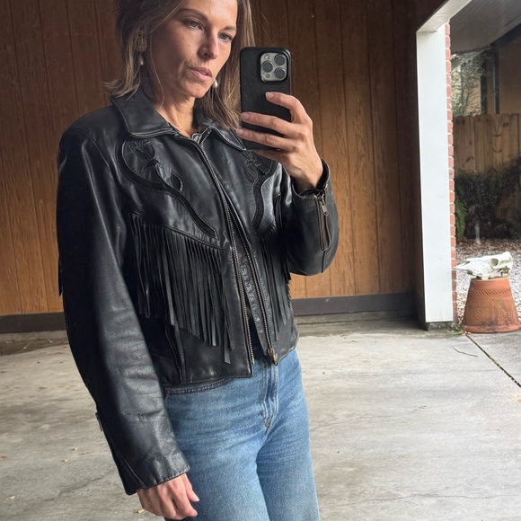 Jackets & Blazers - Protech vintage leather fringe jacket, black western Moto biker made in USA